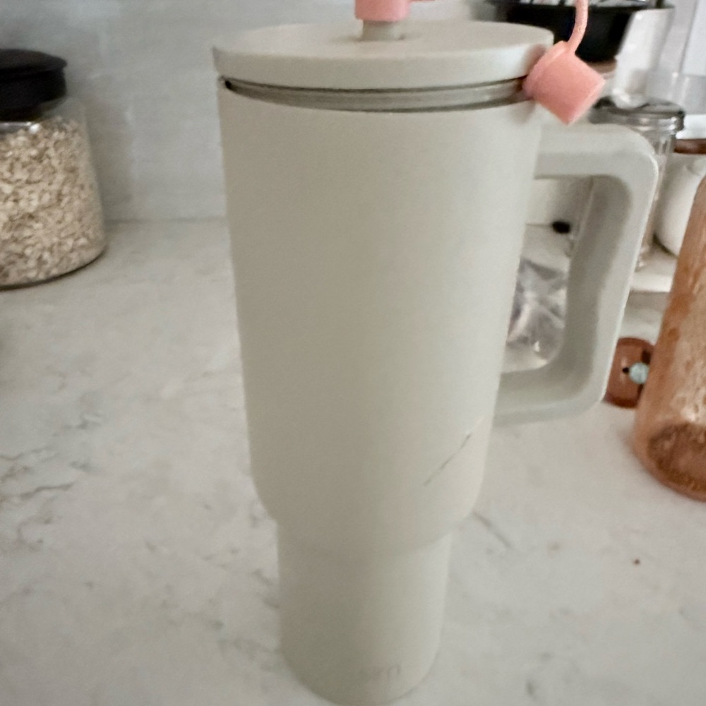 Cream Travel Tumbler with Pink Silicone Accent and Handle